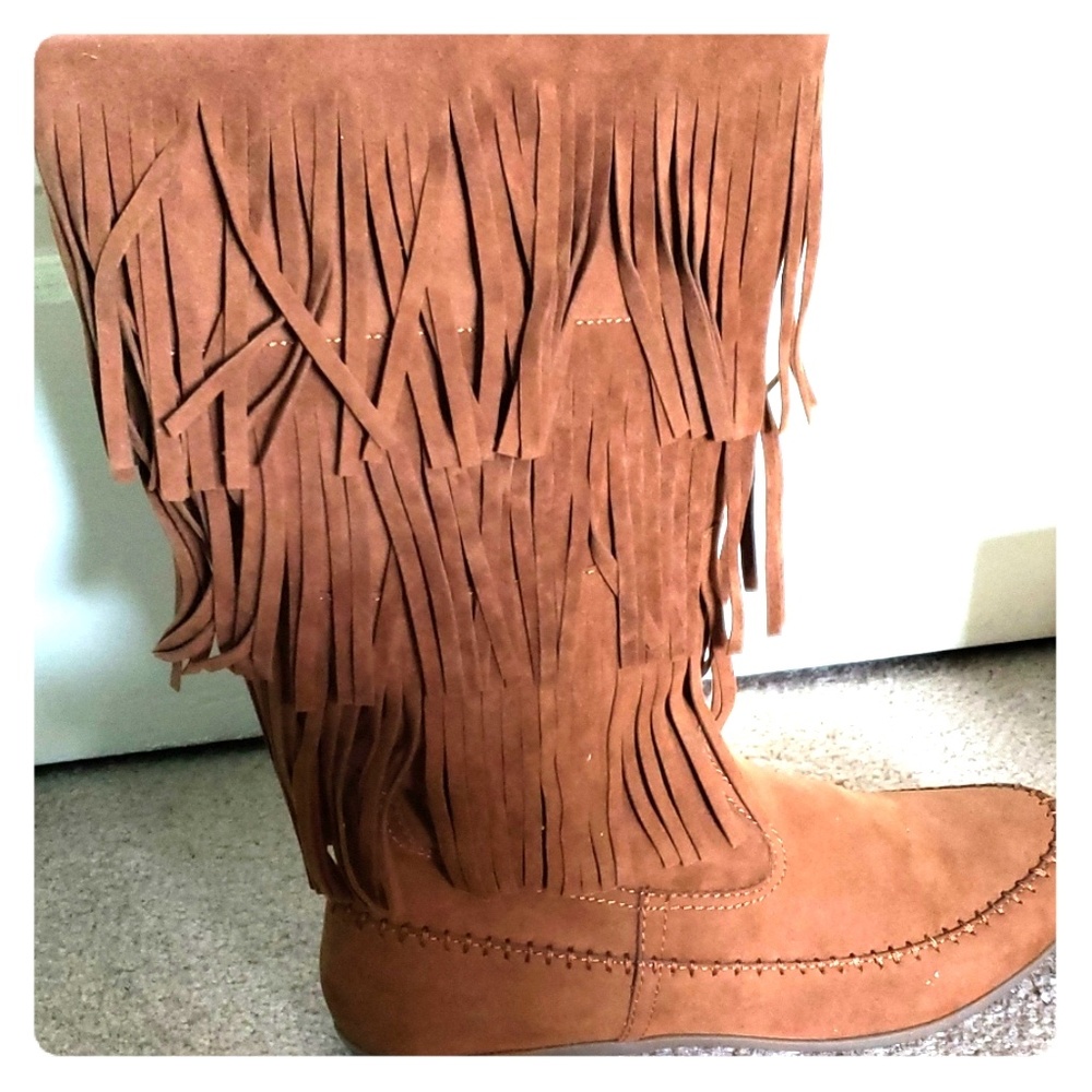 Brown fringe mid calf boots